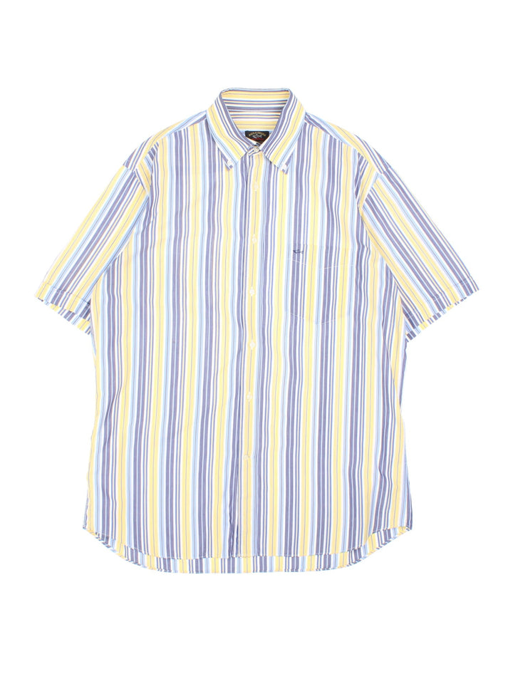 Paul & Shark Short Sleev Shirt in a yellow, blue and whitem striped colourway, button up and has a chest pocket with the logo embroidered on the front.