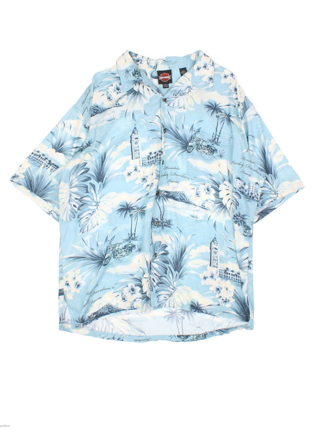 Harley-Davidson Hawaiian Shirt in a blue and white colourway, button up with a camp collar, has a chest pocket and the spell out logo and floral graphic printed all over.