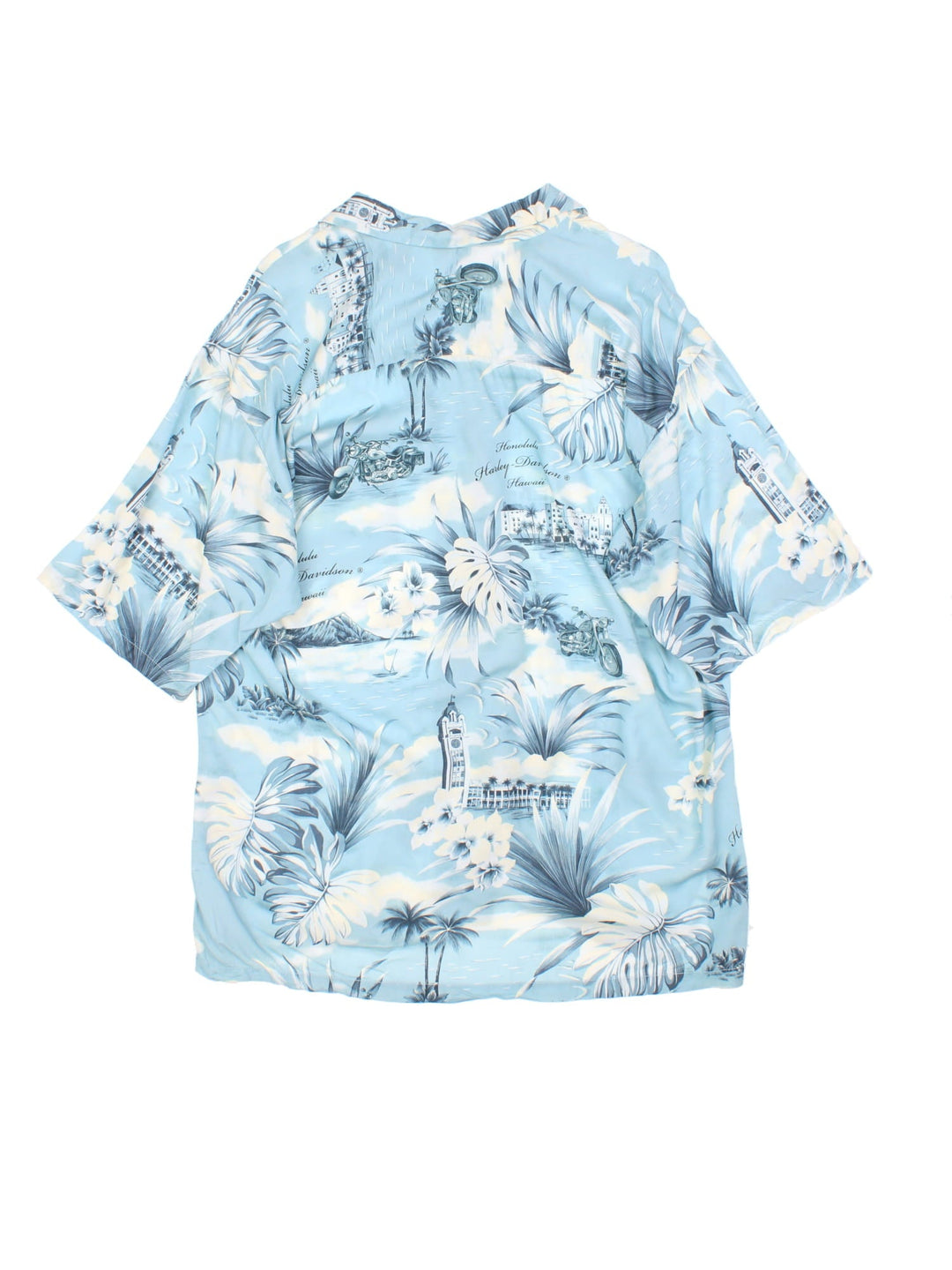 Harley-Davidson Hawaiian Shirt in a blue and white colourway, button up with a camp collar, has a chest pocket and the spell out logo and floral graphic printed all over.