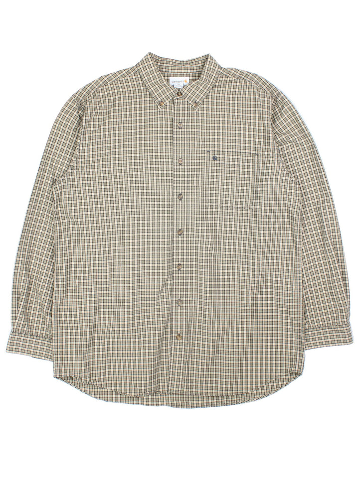 Carhartt Checkered Shirt in a tan and black colourway, button up and has a chest pocket with the logo embroidered on the front.