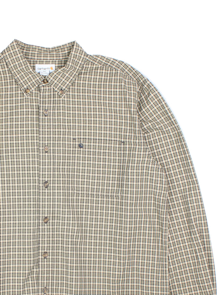 Carhartt Checkered Shirt in a tan and black colourway, button up and has a chest pocket with the logo embroidered on the front.