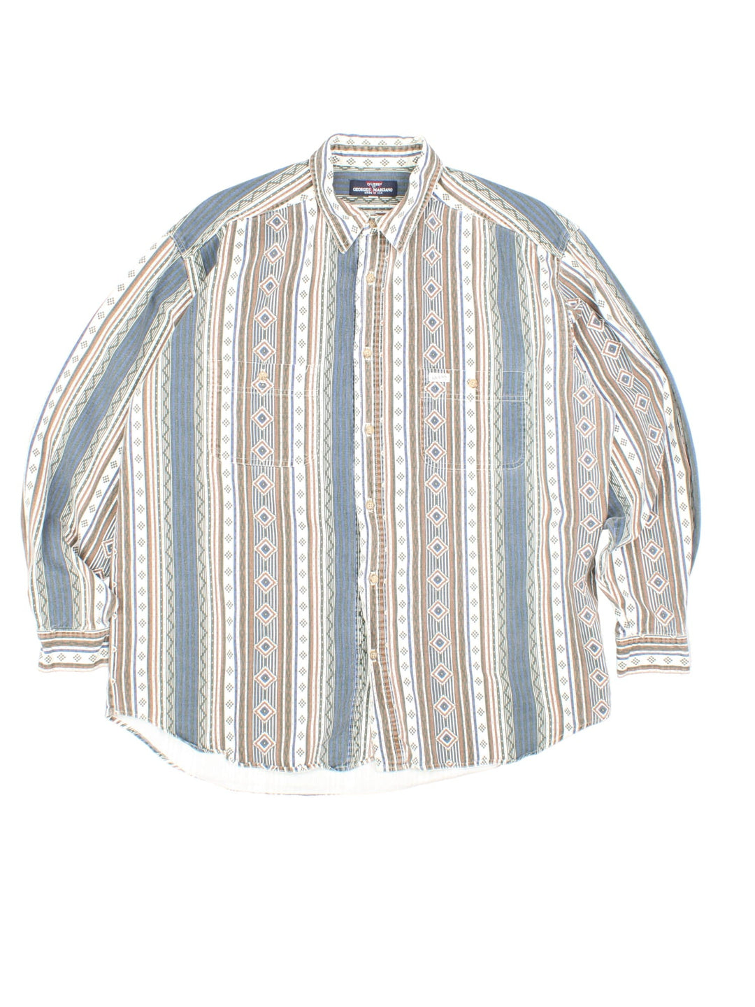 Guess by Georges Marciano Aztec Patterned Shirt in a brown, white and blue colourway, button up and has double chest pockets with the logo embroidered on the front.