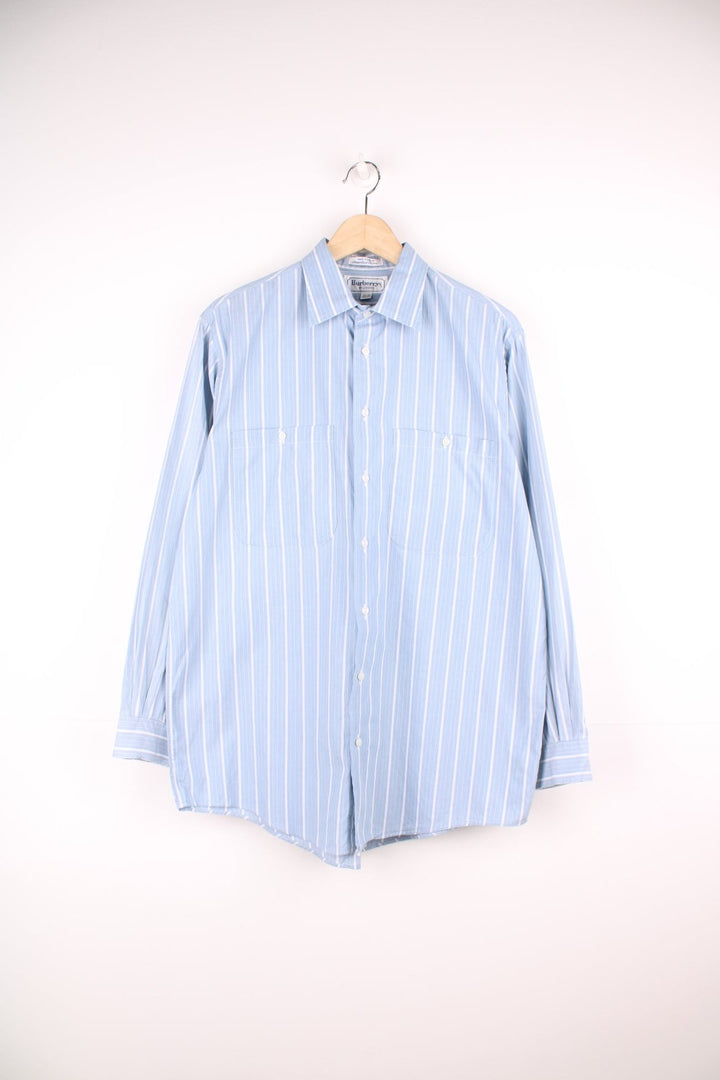 Vintage 70s Burberry/Burberrys Of London blue pinstripe shirt with chest pockets. 