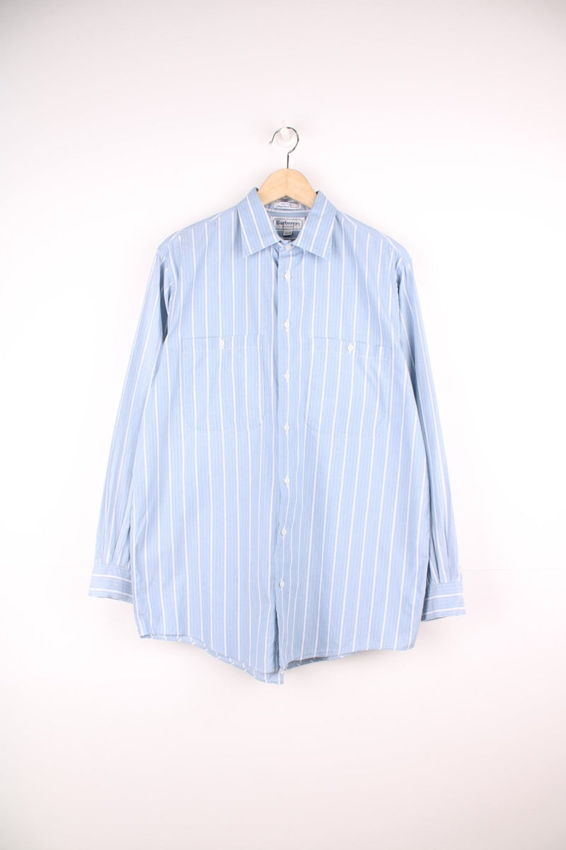 Vintage 70s Burberry/Burberrys Of London blue pinstripe shirt with chest pockets. 