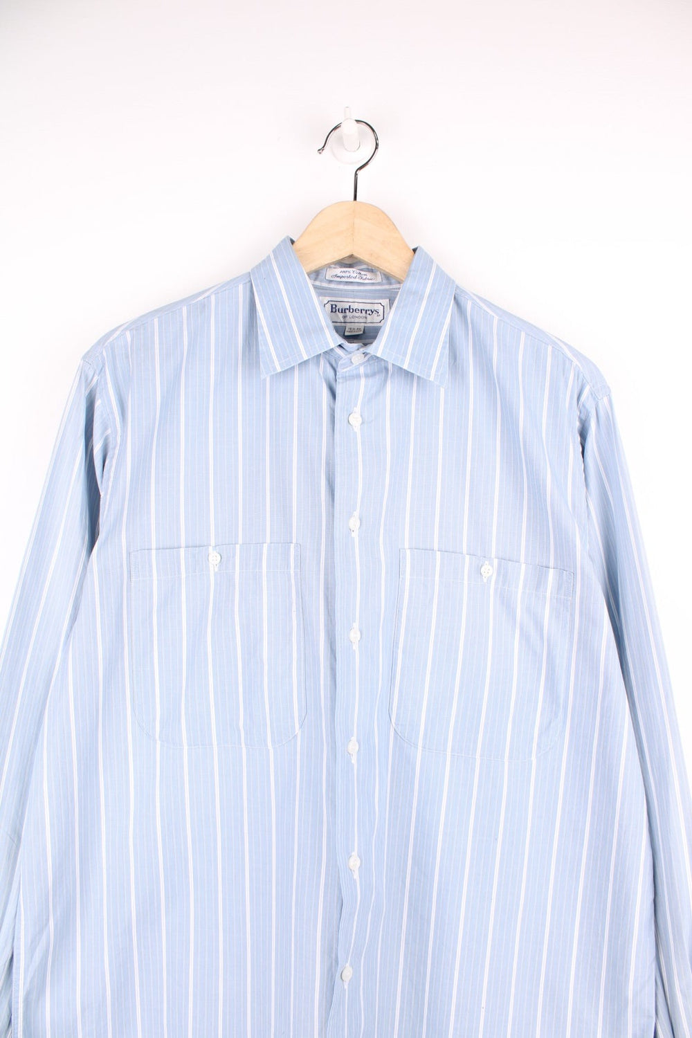 Vintage 70s Burberry/Burberrys Of London blue pinstripe shirt with chest pockets. 