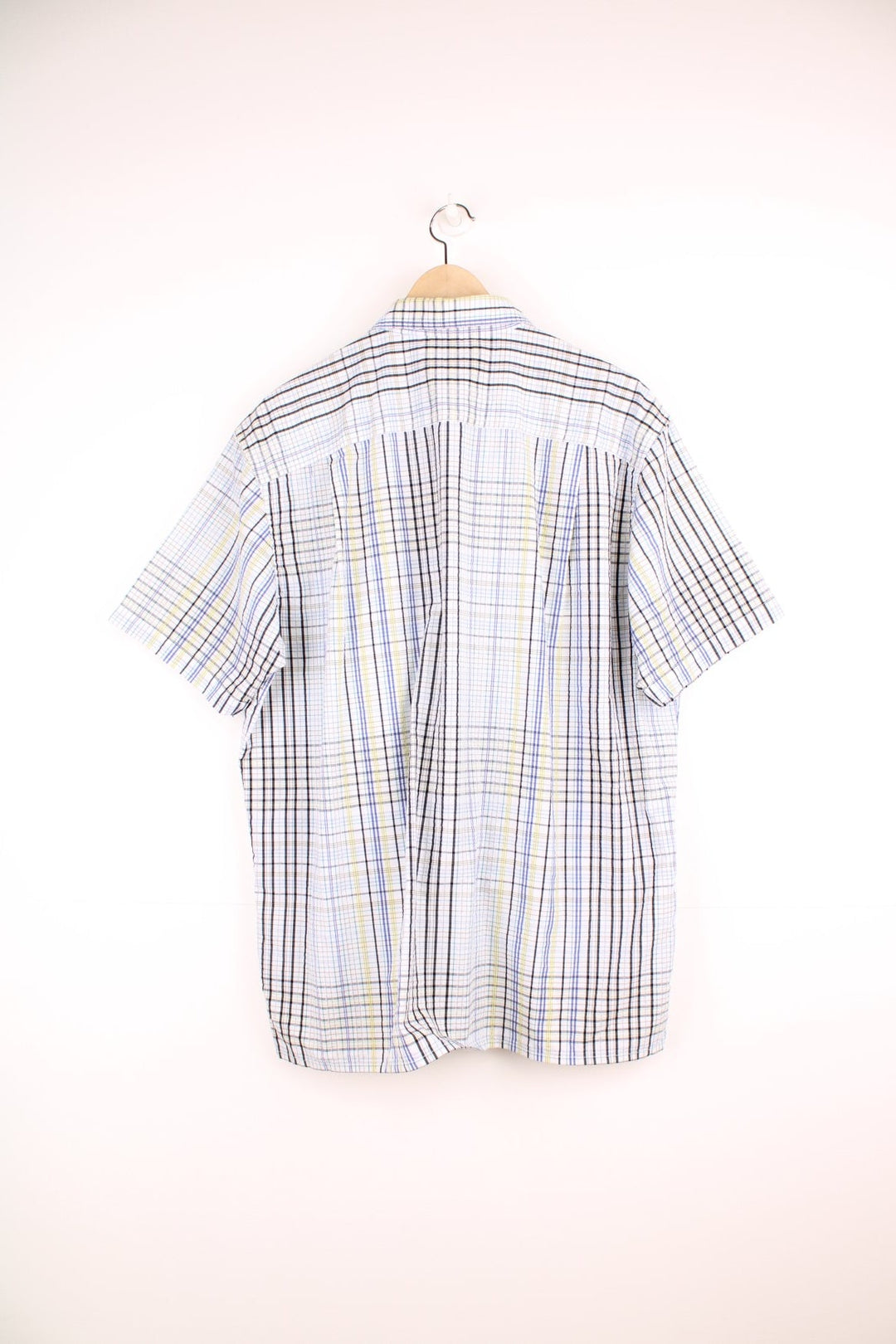 Patagonia plaid button through shirt in white, green, black and blue with chest pocket. 