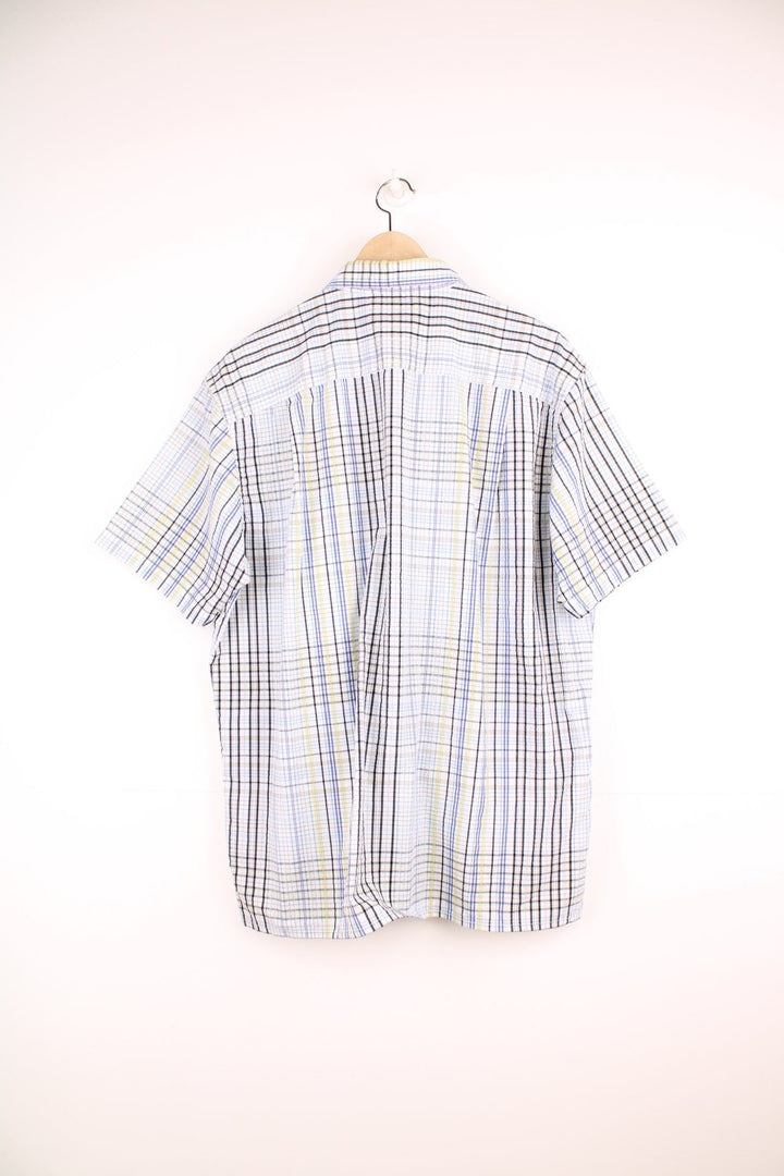 Patagonia plaid button through shirt in white, green, black and blue with chest pocket. 