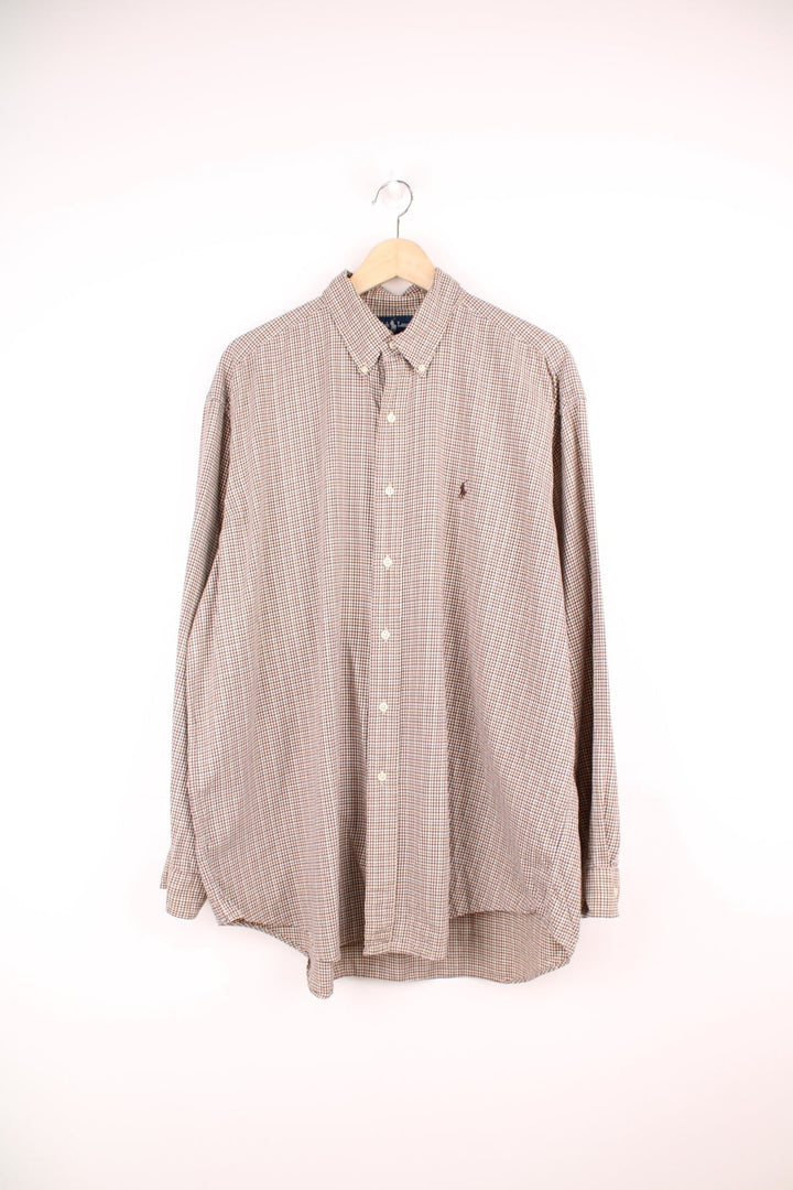 Ralph Lauren green and beige plaid shirt with signature embroidered logo on the chest.