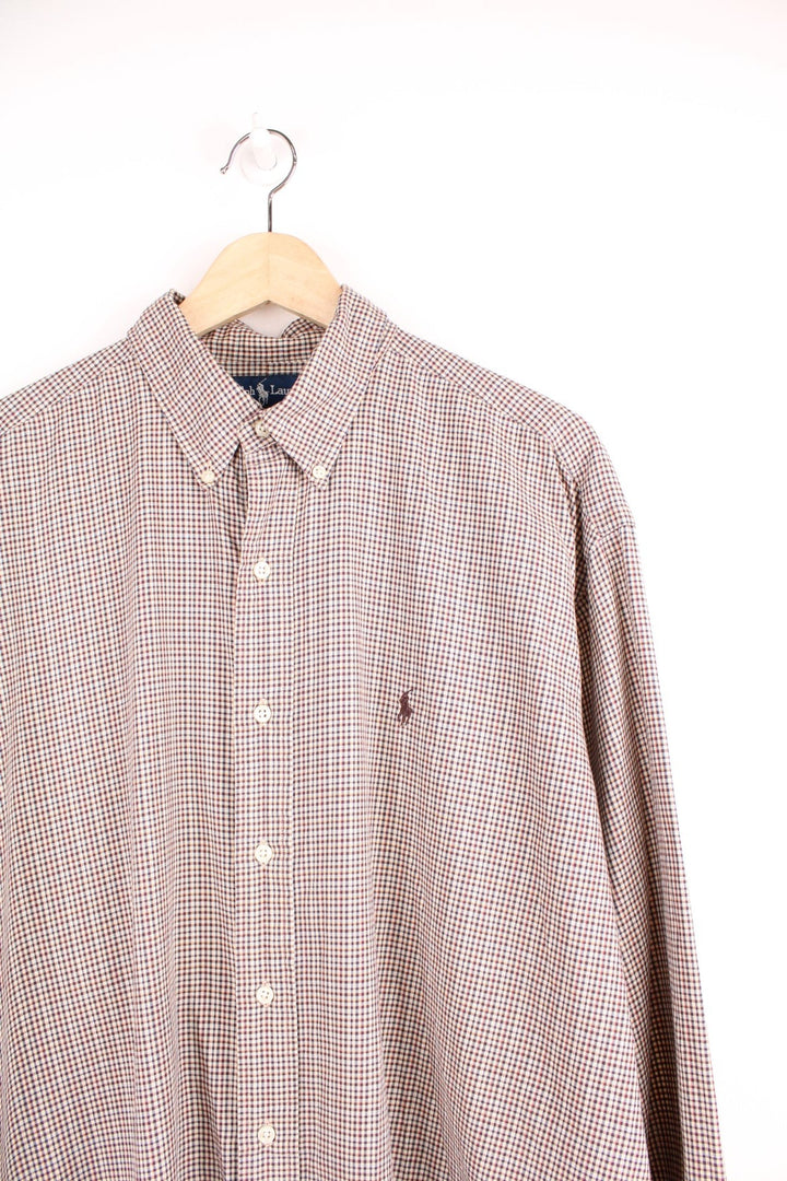 Ralph Lauren green and beige plaid shirt with signature embroidered logo on the chest.