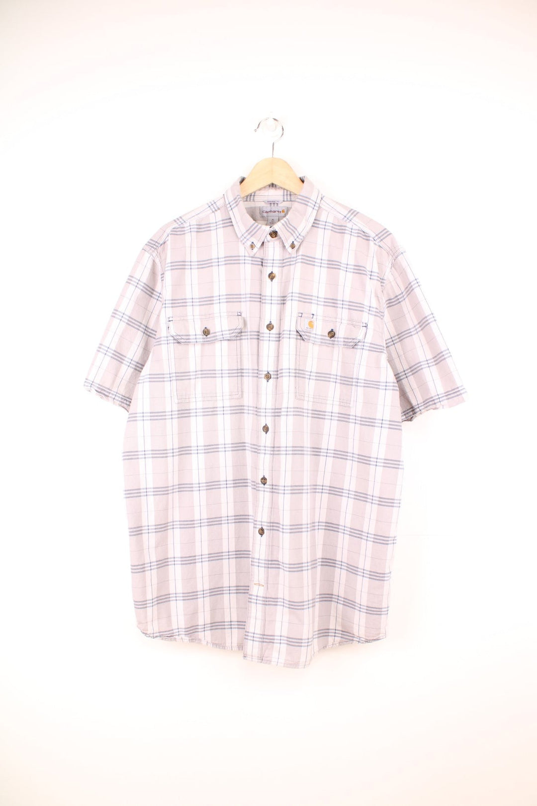 Carhartt grey and blue check short-sleeved button-down shirt with double flap pockets and brown buttons.  