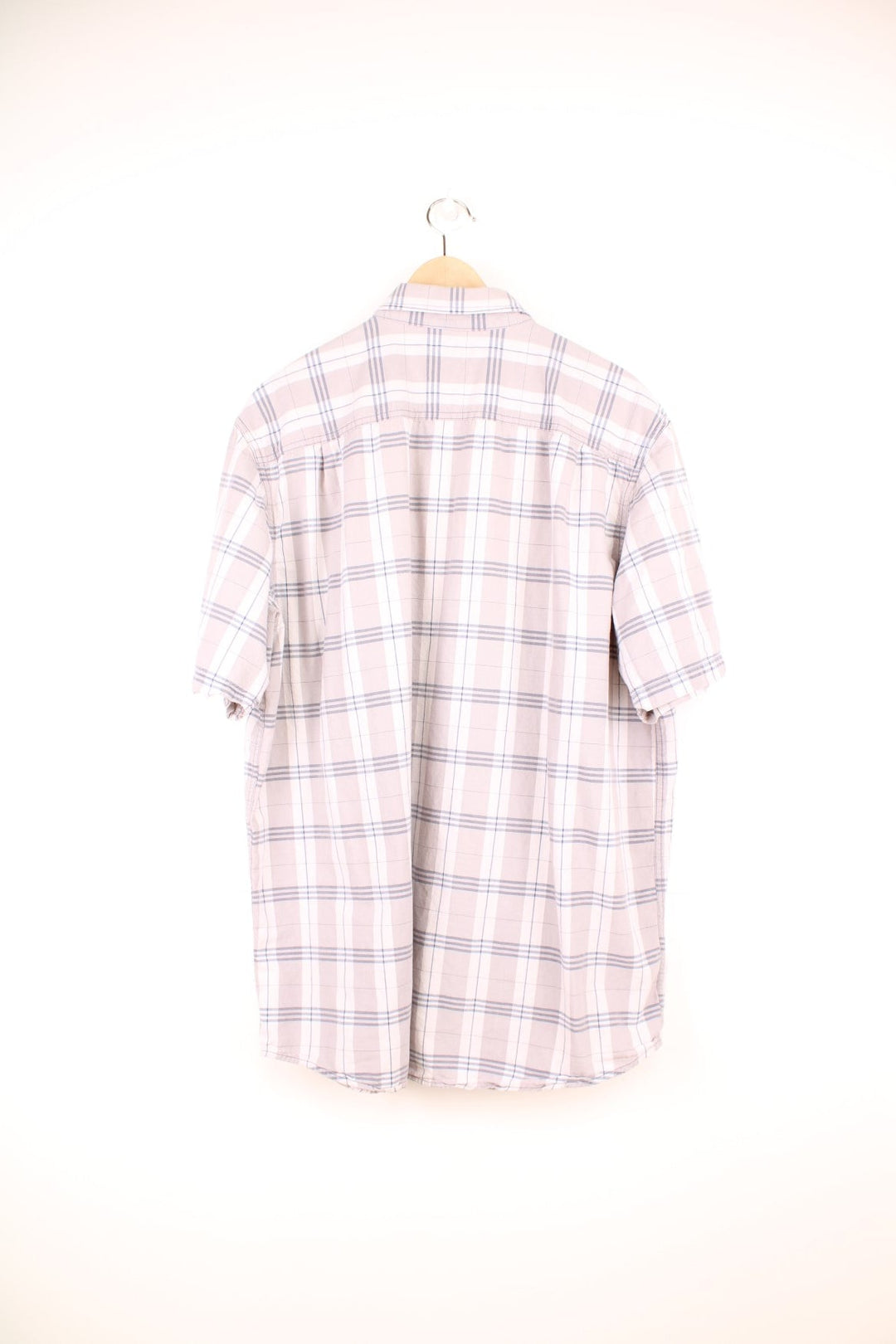 Carhartt grey and blue check short-sleeved button-down shirt with double flap pockets and brown buttons.  