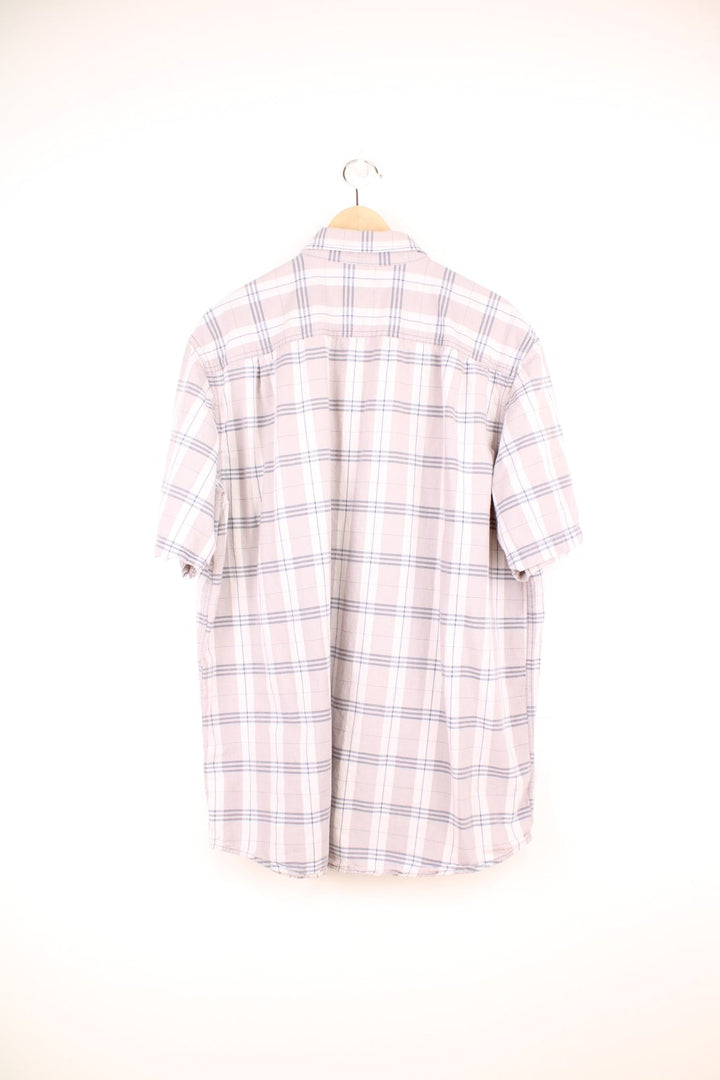 Carhartt grey and blue check short-sleeved button-down shirt with double flap pockets and brown buttons.  