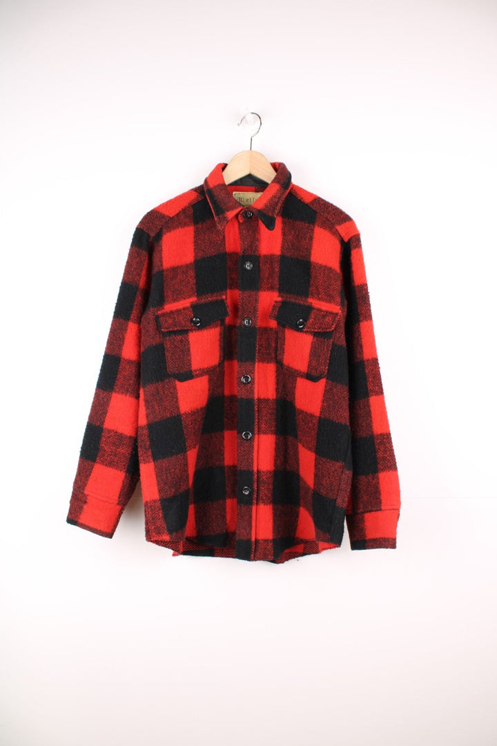 Vintage 80s Melton red and black checked button through CPO Jacket. 