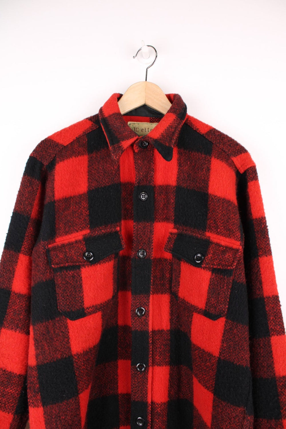 Vintage 80s Melton red and black checked button through CPO Jacket. 