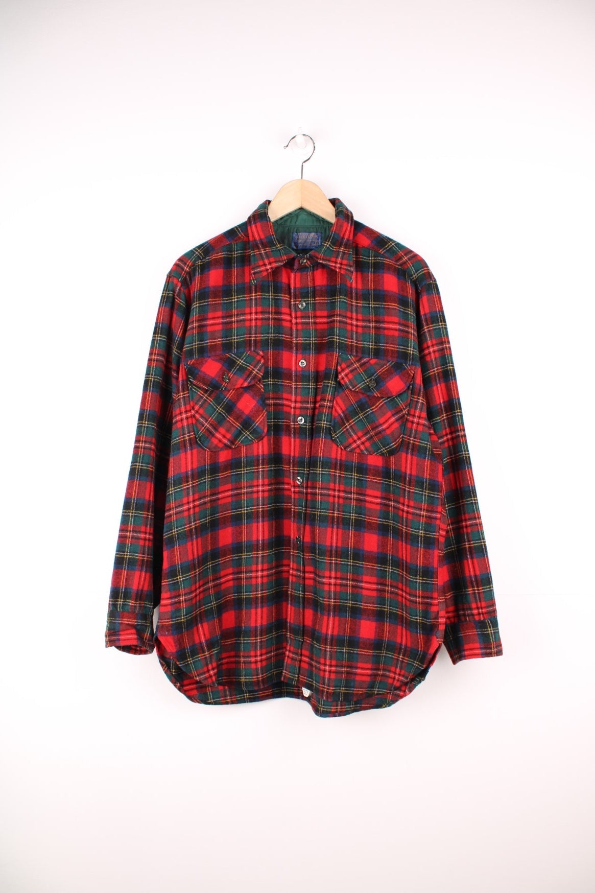 Vintage Pendleton button through wool plaid shirt in red and green.