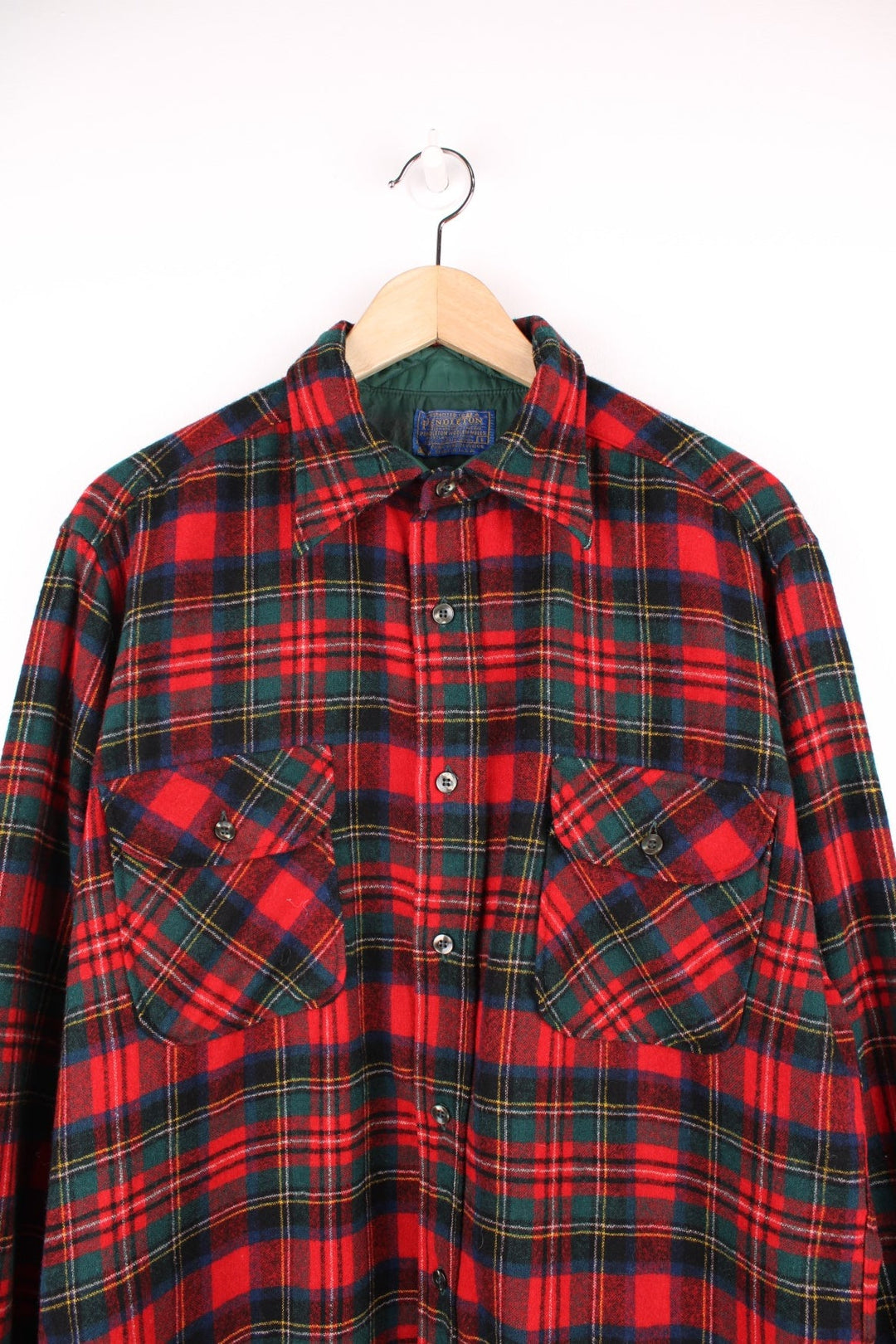 Vintage Pendleton button through wool plaid shirt in red and green.