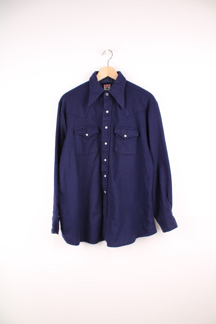 Vintage Marlboro wool Pearl Snap shirt in navy blue.