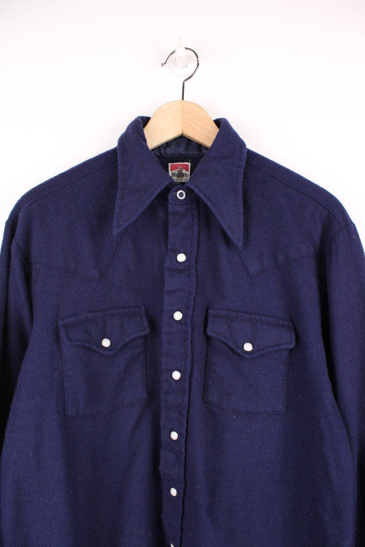 Vintage Marlboro wool Pearl Snap shirt in navy blue.