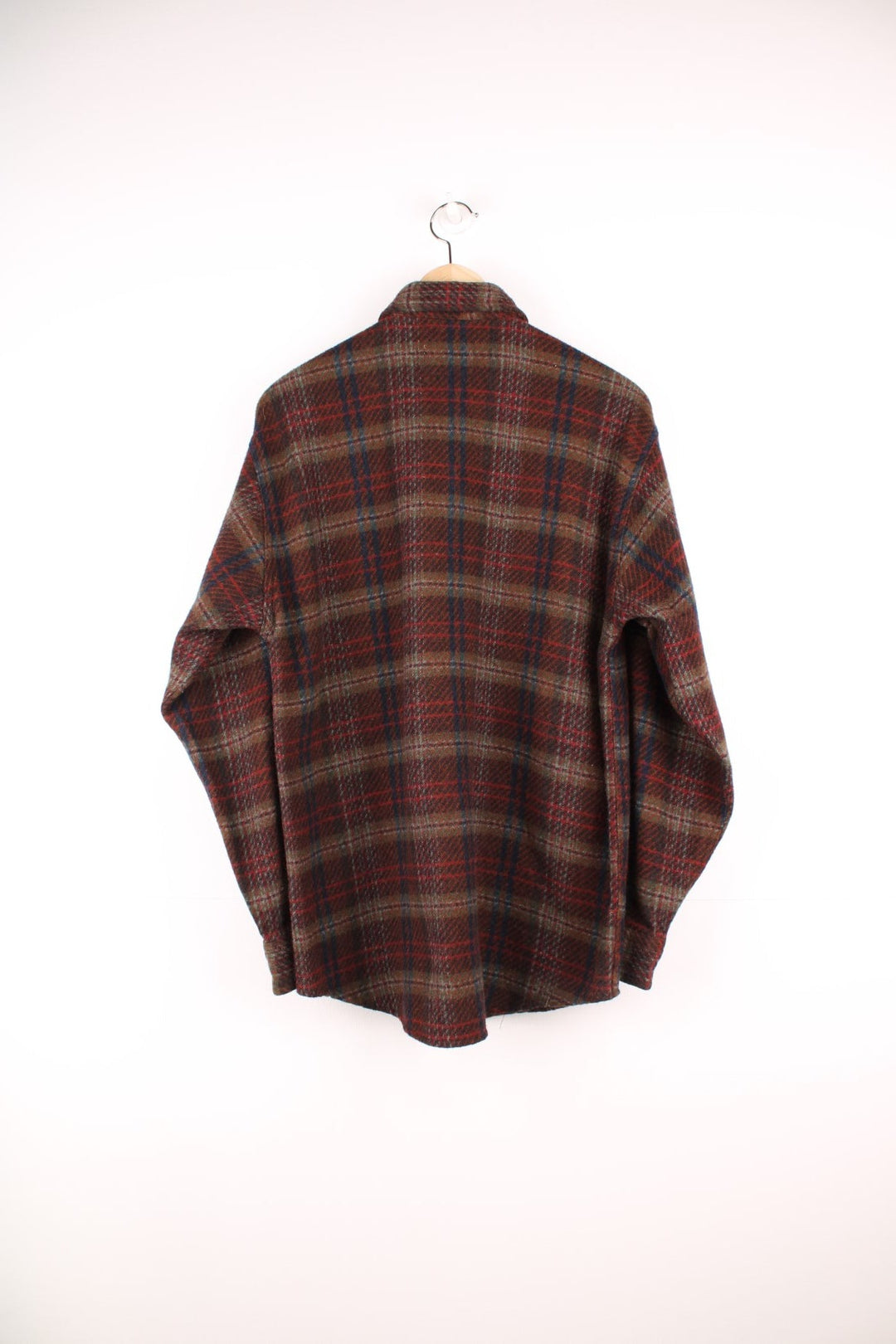 Vintage Woolrich plaid CPO Jacket in burgundy red, blue and grey with chest pockets.