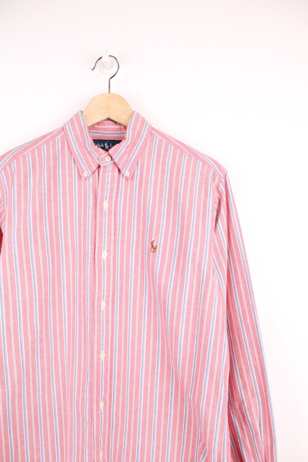 Pink, blue and white Ralph Lauren pinstripe shirt with signature embroidered logo on the chest.