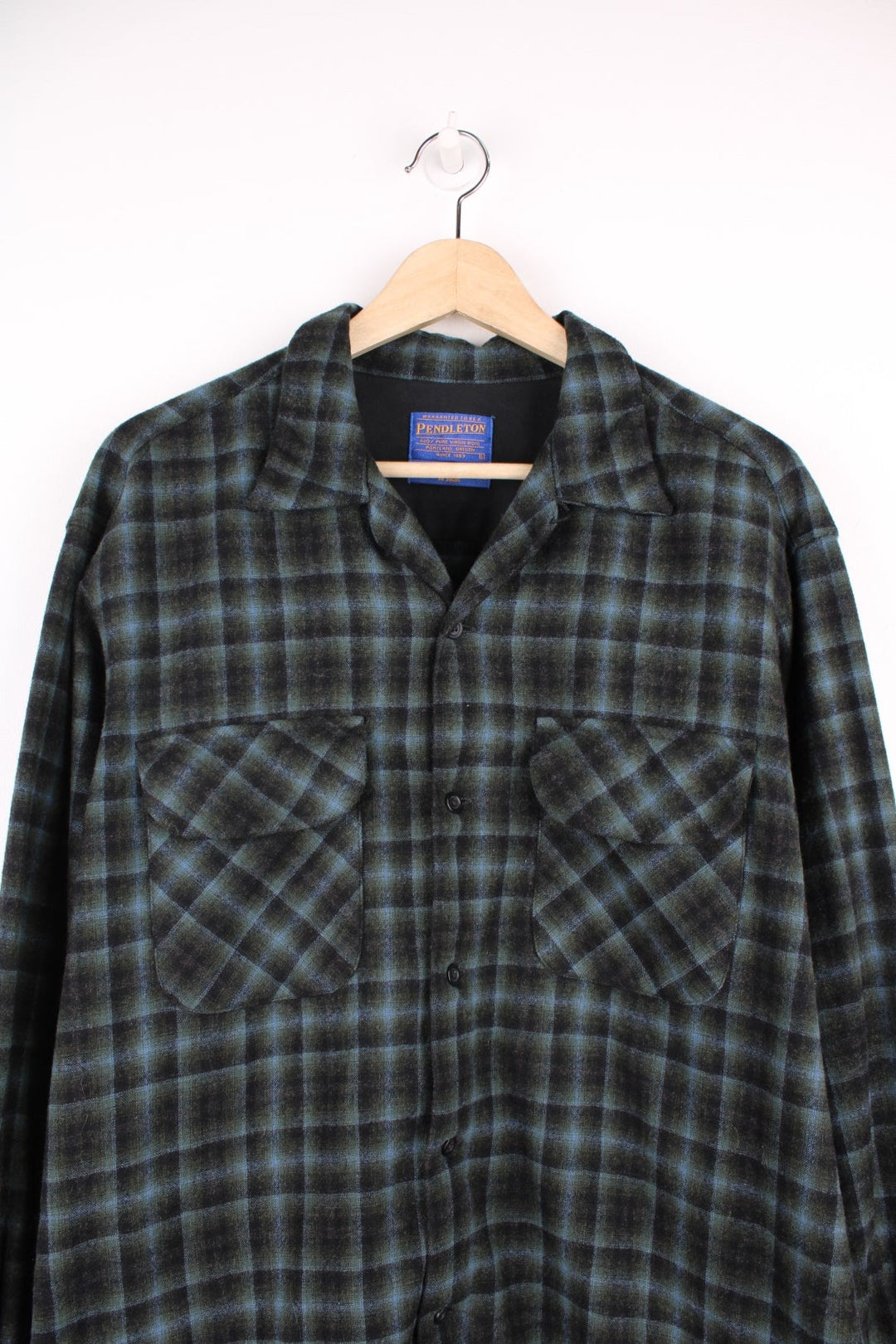 Vintage Pendleton green, blue and black wool shirt with chest pockets. 