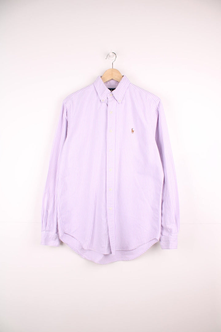 Ralph Lauren purple and white pinstripe shirt with signature embroidered logo on the chest.