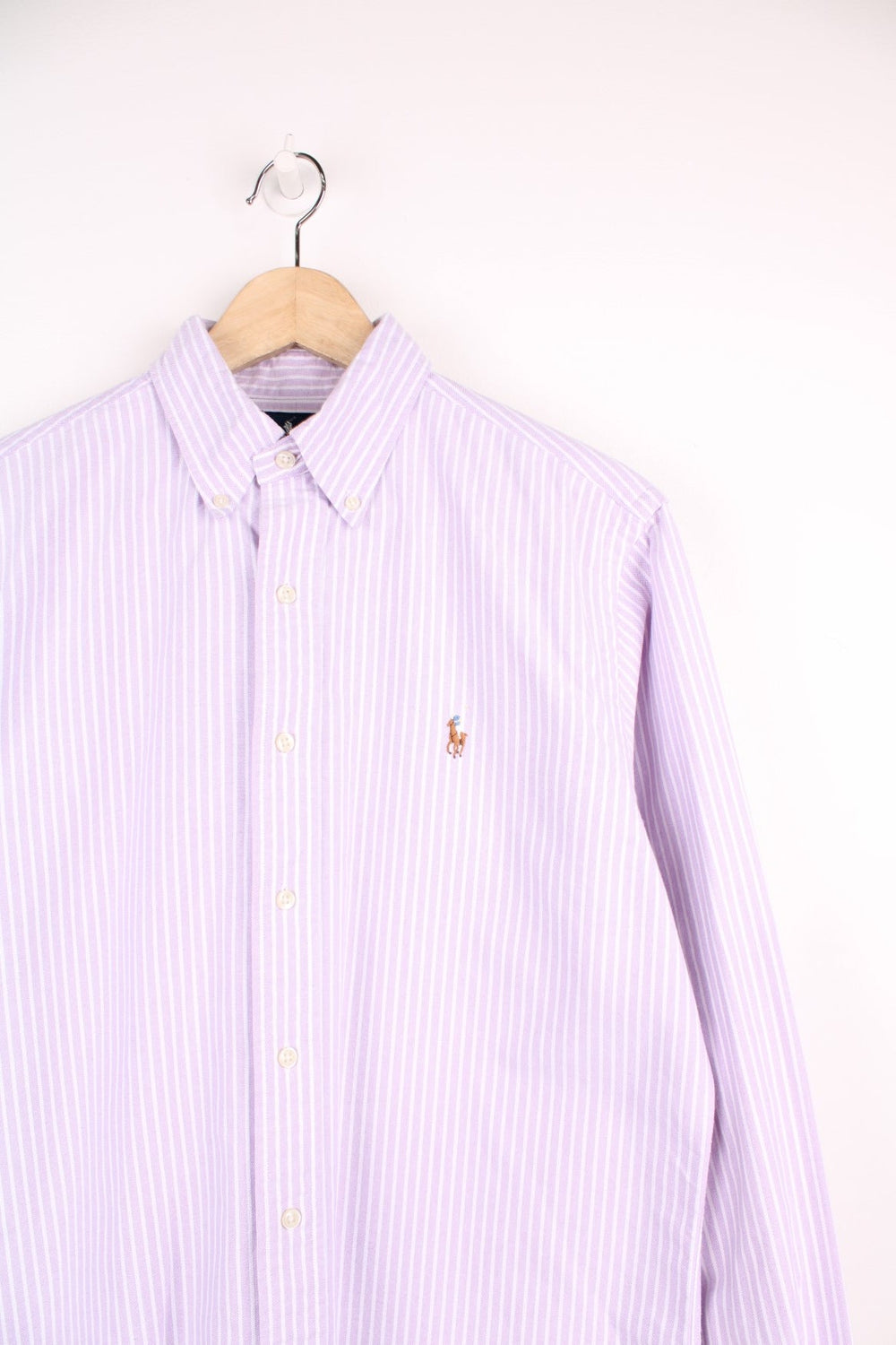 Ralph Lauren purple and white pinstripe shirt with signature embroidered logo on the chest.