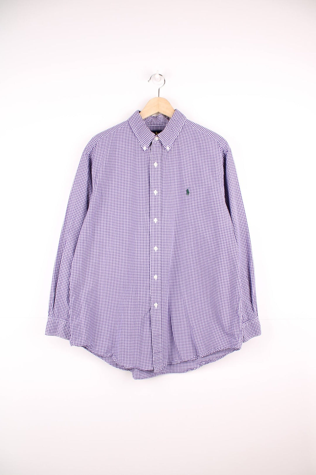 Ralph Lauren purple and white checked shirt with signature embroidered logo on the chest.