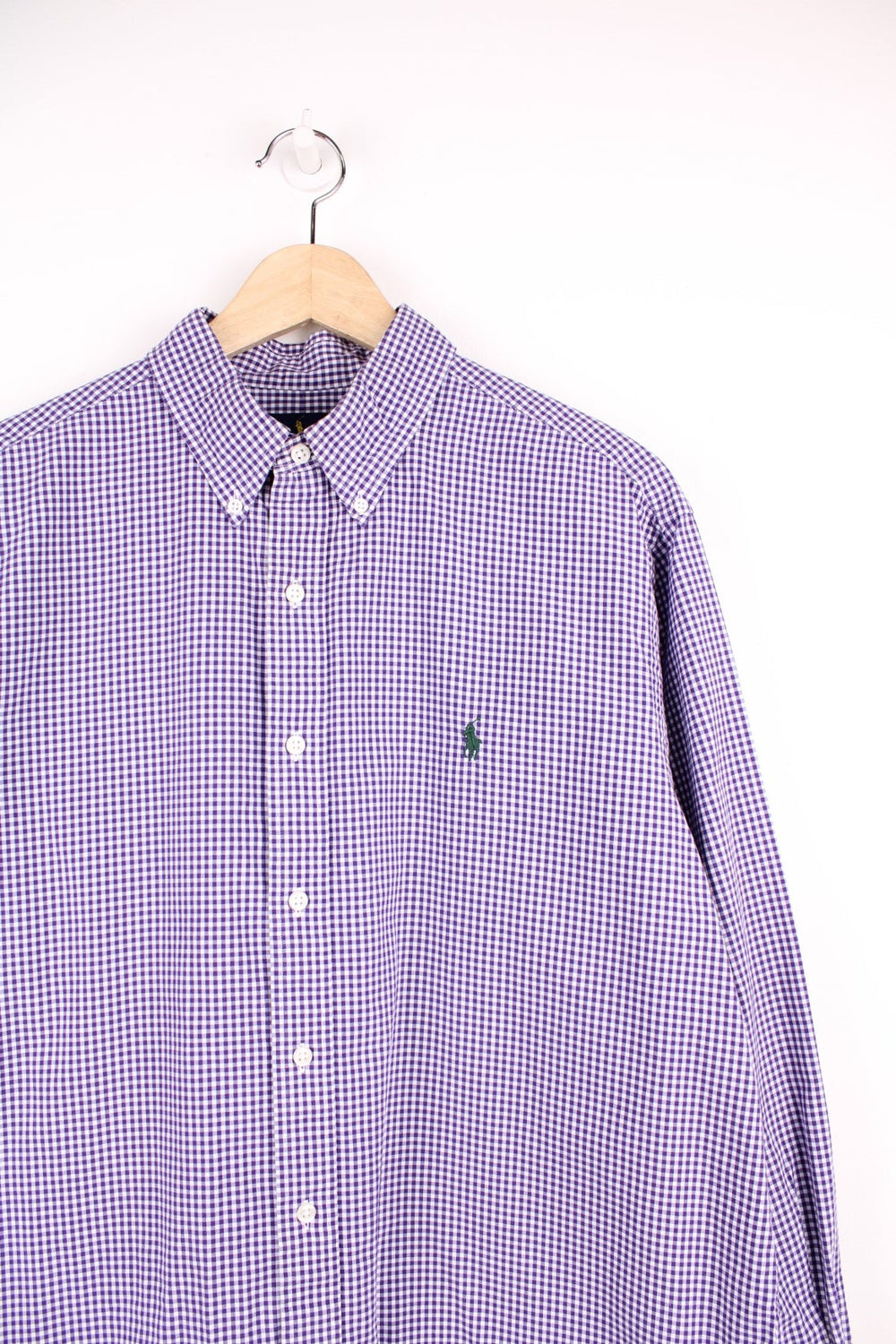 Ralph Lauren purple and white checked shirt with signature embroidered logo on the chest.