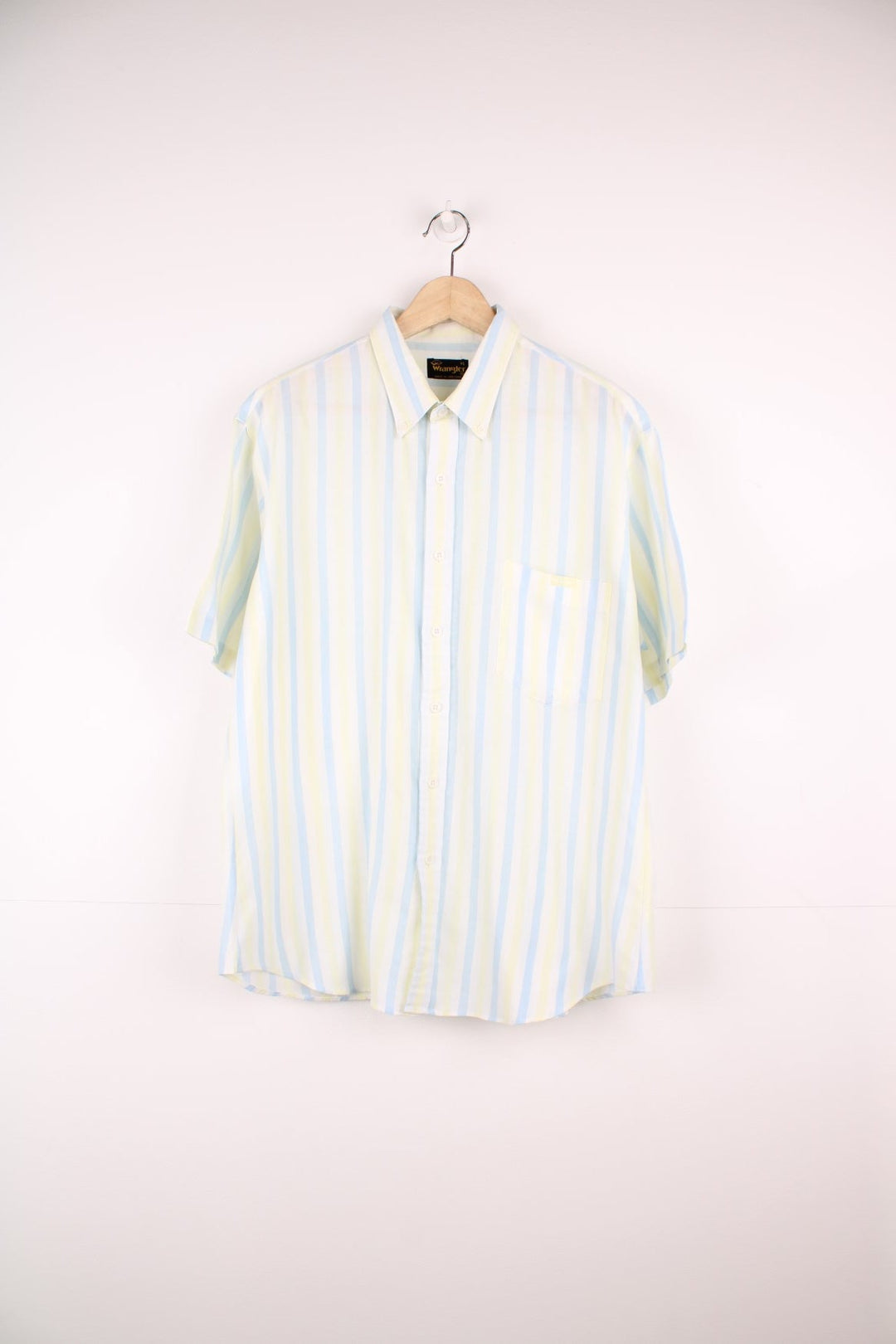 Vintage Wrangler short sleeved striped shirt in white, blue and yellow with chest pocket and embroidered logo.