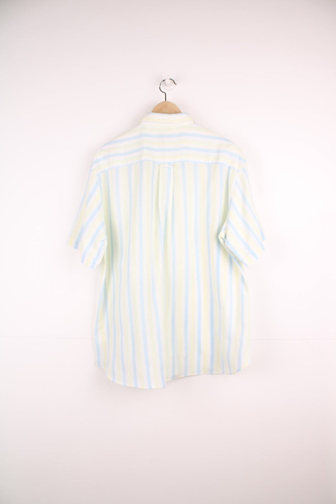 Vintage Wrangler short sleeved striped shirt in white, blue and yellow with chest pocket and embroidered logo.