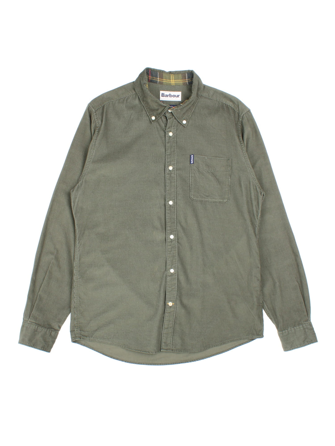 Barbour corduroy button-down shirt in a sage green colourway with one pocket and a small logo tab.