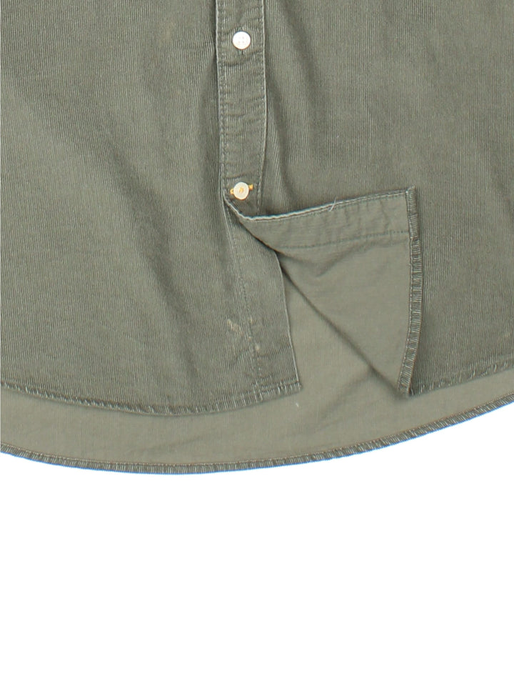 Barbour corduroy button-down shirt in a sage green colourway with one pocket and a small logo tab.