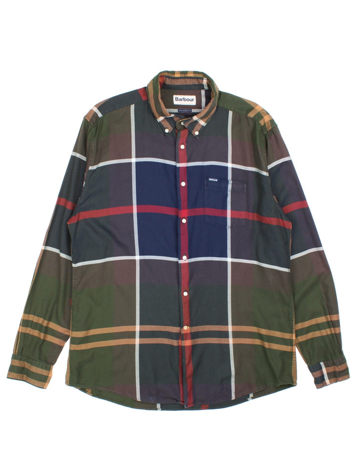 Barbour dunoon button-down shirt in a green, blue, red, and yellow checkered colourway, with one pocket and a small logo patch.