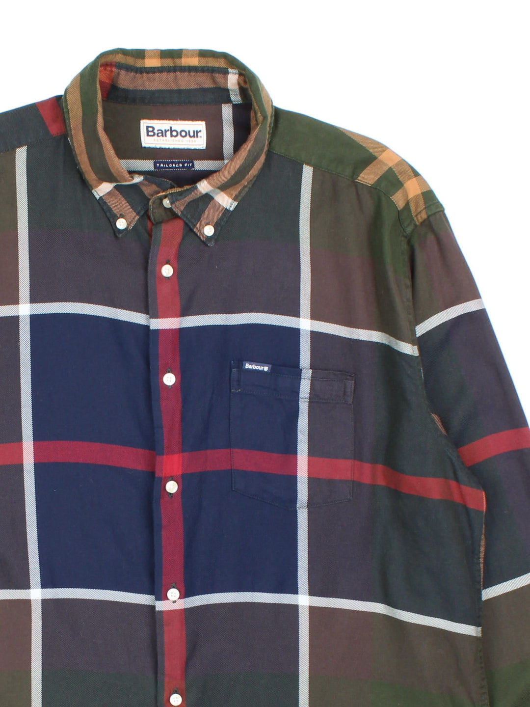 Barbour dunoon button-down shirt in a green, blue, red, and yellow checkered colourway, with one pocket and a small logo patch.