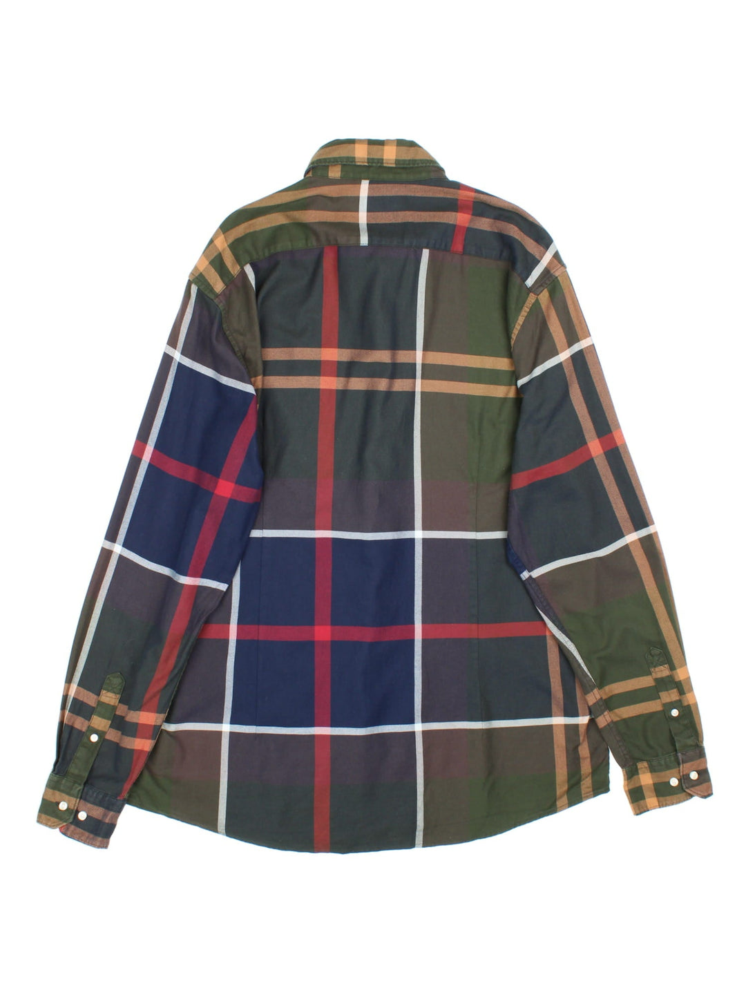 Barbour dunoon button-down shirt in a green, blue, red, and yellow checkered colourway, with one pocket and a small logo patch.