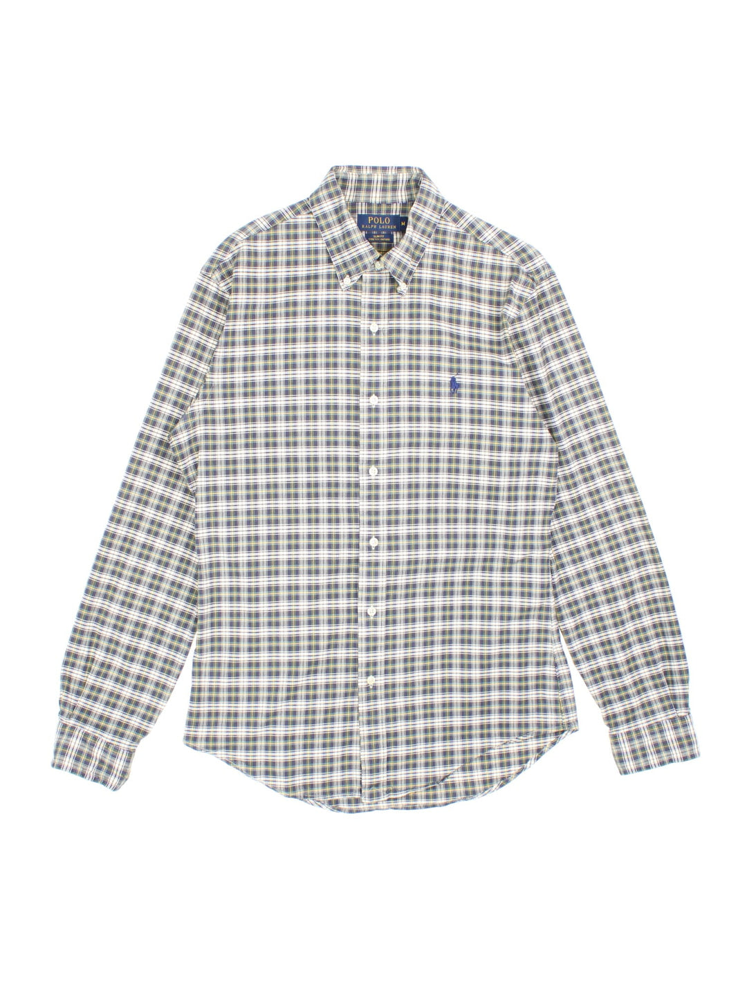 Ralph Lauren button-down shirt in blue, green and yellow checkered colourway, with a small embroidered logo in blue on the front.