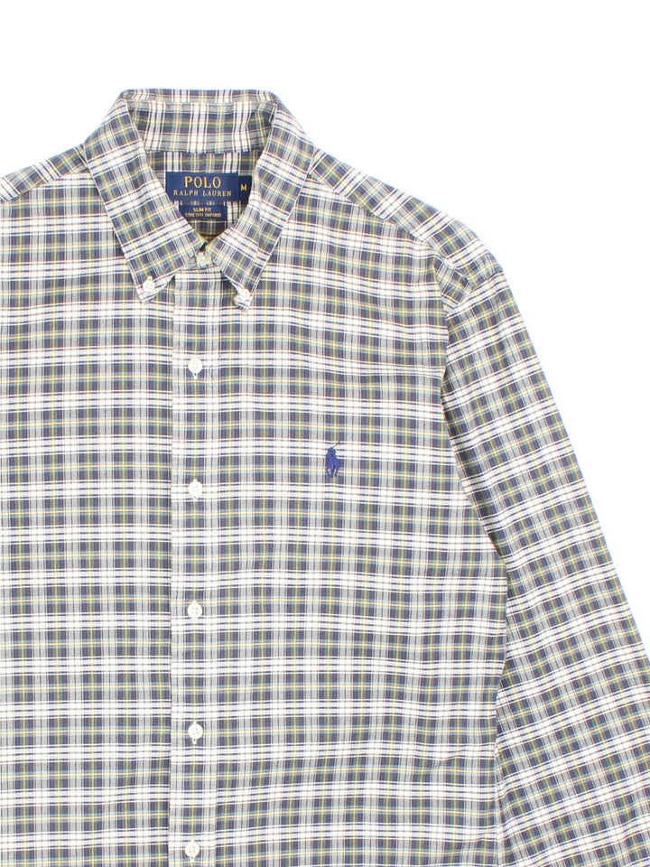 Ralph Lauren button-down shirt in blue, green and yellow checkered colourway, with a small embroidered logo in blue on the front.