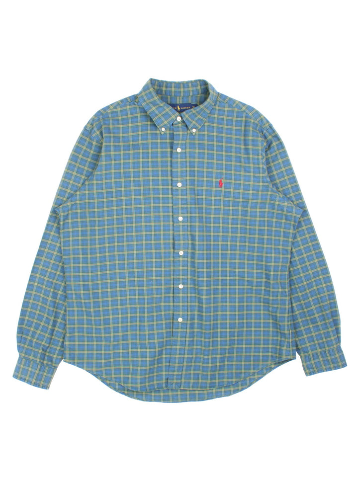 Ralph Lauren button-down shirt in blue and green checkered colourway with a small embroidered logo in red.