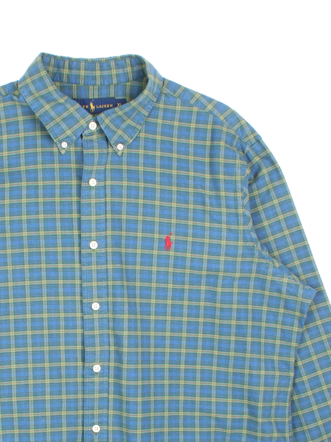 Ralph Lauren button-down shirt in blue and green checkered colourway with a small embroidered logo in red.