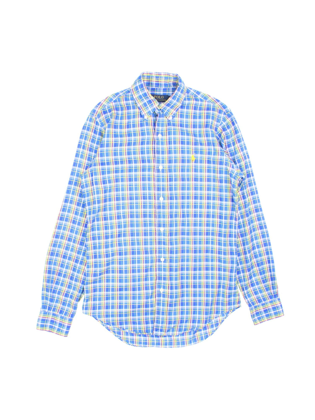 Ralph Lauren button-down shirt in blue, yellow, red and white check colourway with a small embroidered logo in yellow.