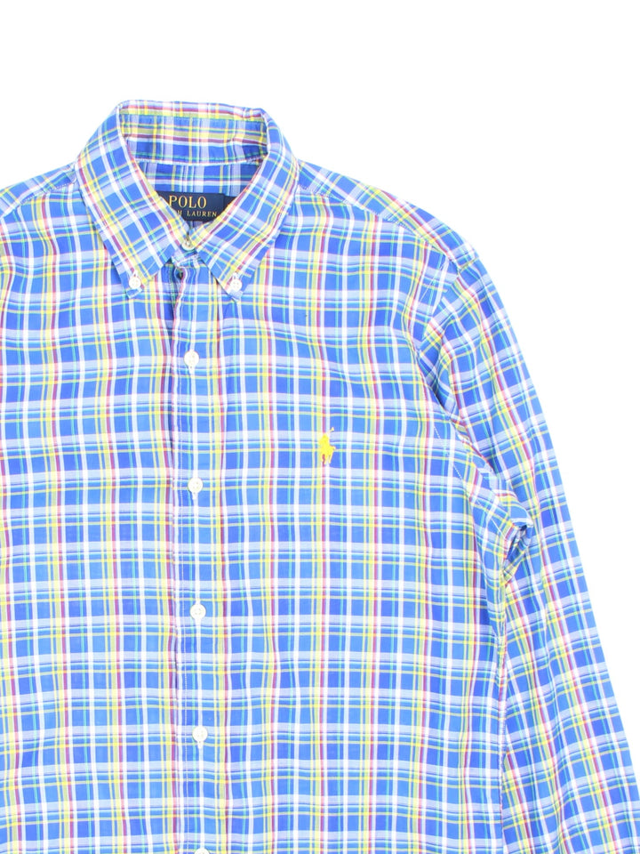 Ralph Lauren button-down shirt in blue, yellow, red and white check colourway with a small embroidered logo in yellow.