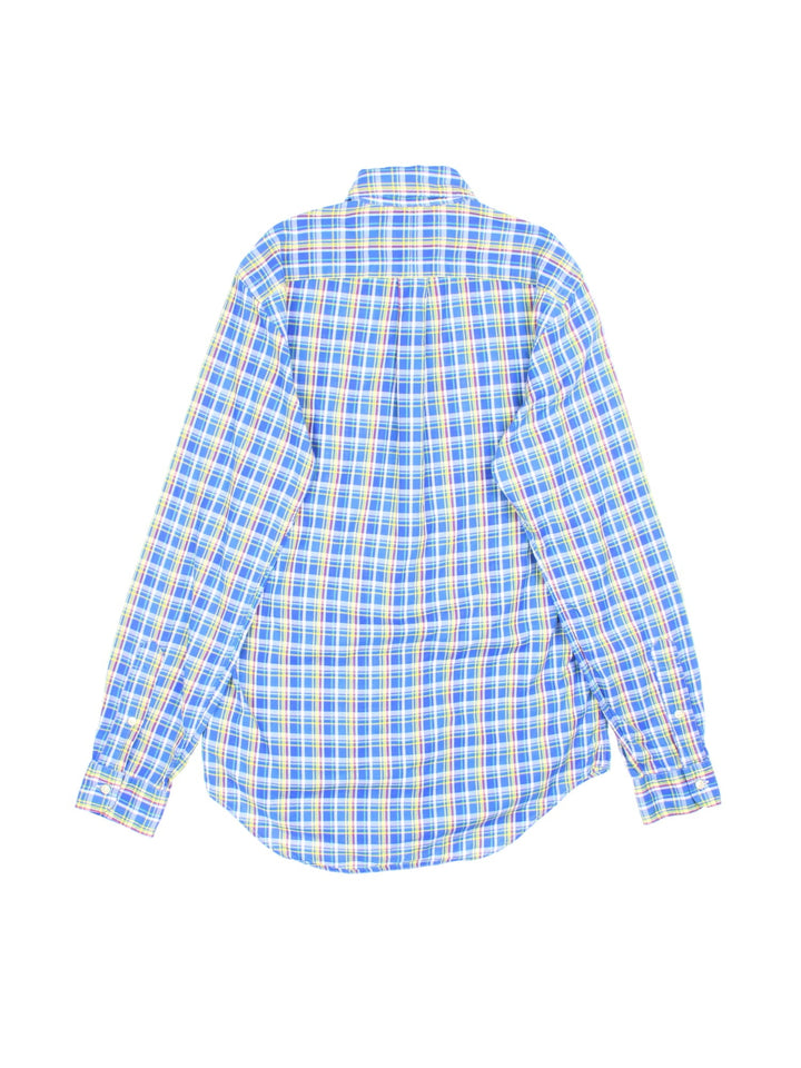 Ralph Lauren button-down shirt in blue, yellow, red and white check colourway with a small embroidered logo in yellow.