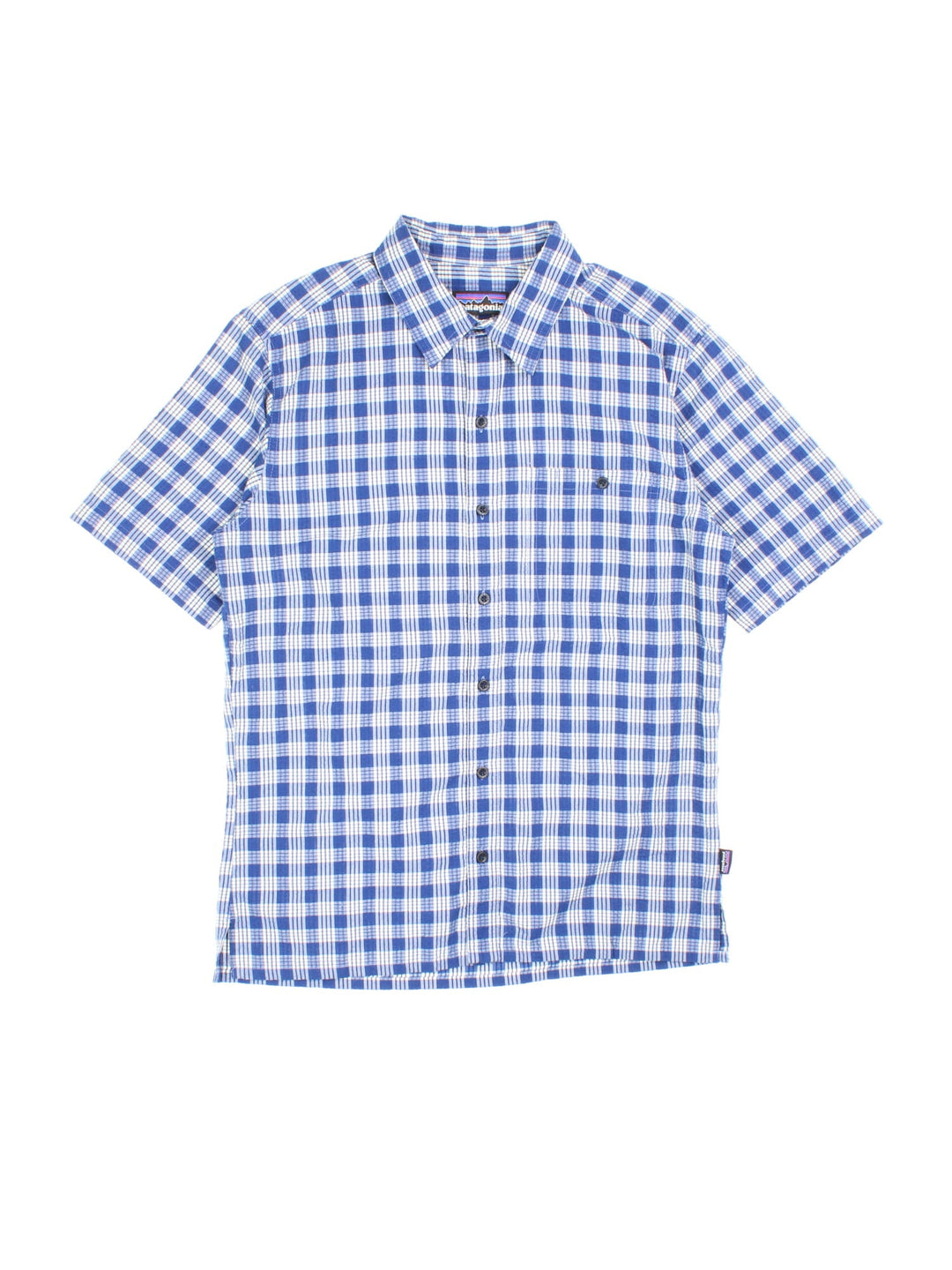 Patagonia short-sleeved textured shirt in blue and white checkered colourway with one pocket.