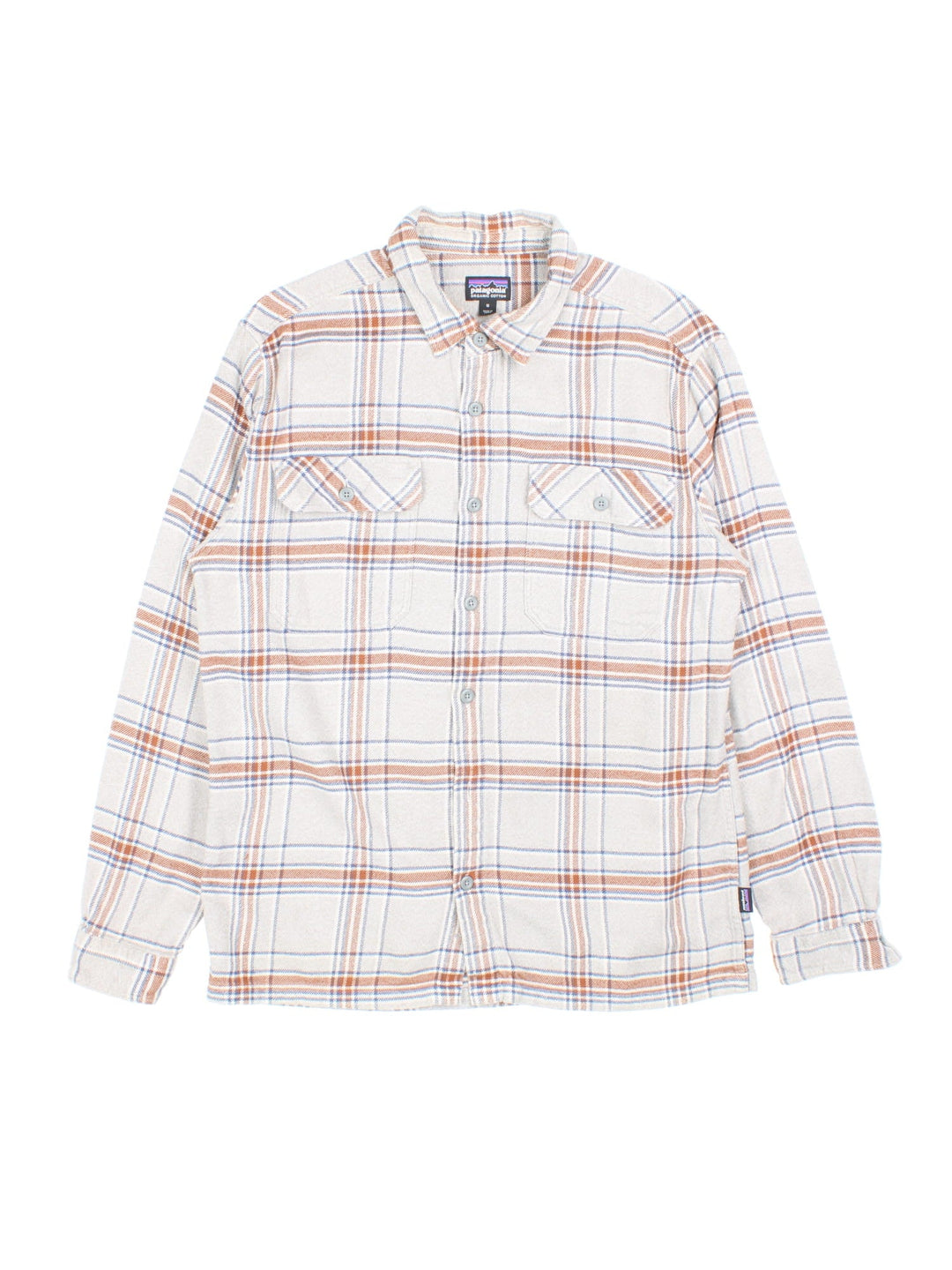 Patagonia flannel shirt in a grey and brown checkered colourway, has two pockets and a small logo tab on the lower left side.