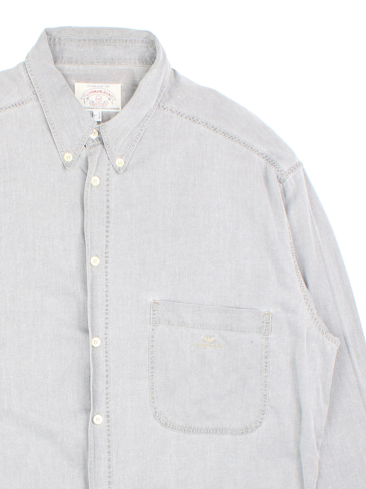 Armani Jeans button-down shirt in grey with one pocket and a small embroidered logo on the front.