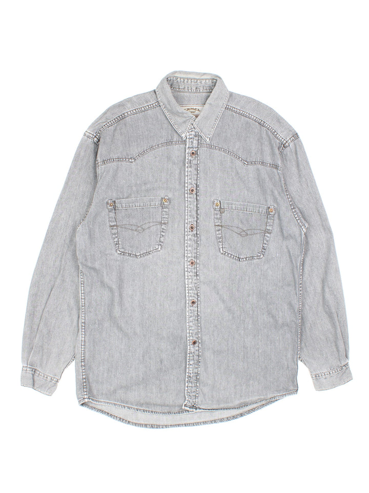 Vintage Camel Travel-Line denim shirt in grey with two chest pockets, rivet detailing, and a small logo tab.