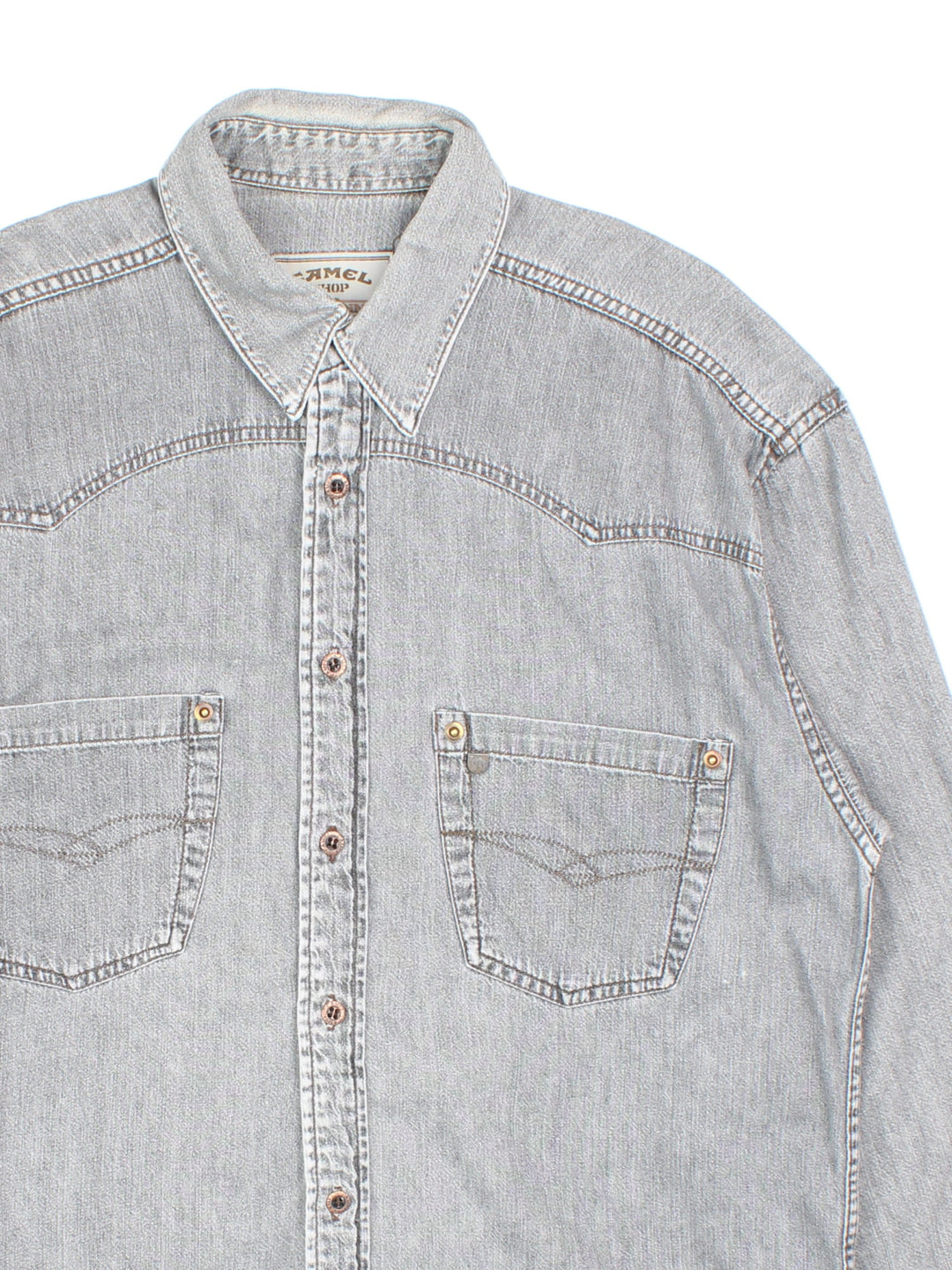 Vintage Camel Travel-Line denim shirt in grey with two chest pockets, rivet detailing, and a small logo tab.