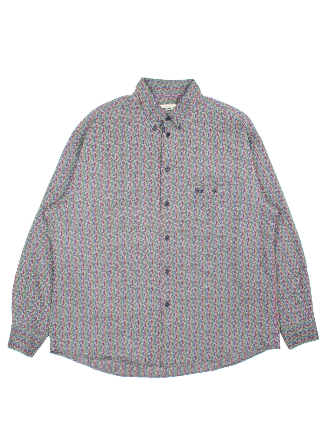 Vintage Missoni Sport patterned button-down shirt in grey, red, blue and green, has one pocket and a small embroidered logo.