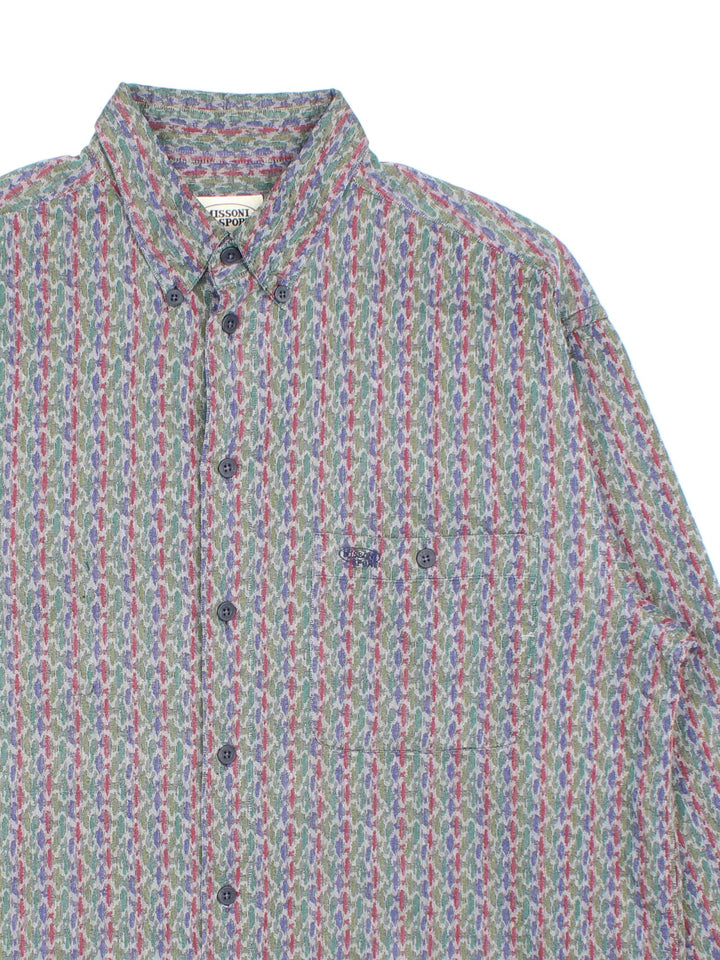 Vintage Missoni Sport patterned button-down shirt in grey, red, blue and green, has one pocket and a small embroidered logo.